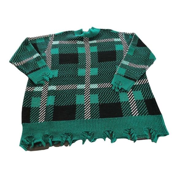 8461 NWT distressed green plaid oversized sweater sz 22 24 - Picture 1 of 6